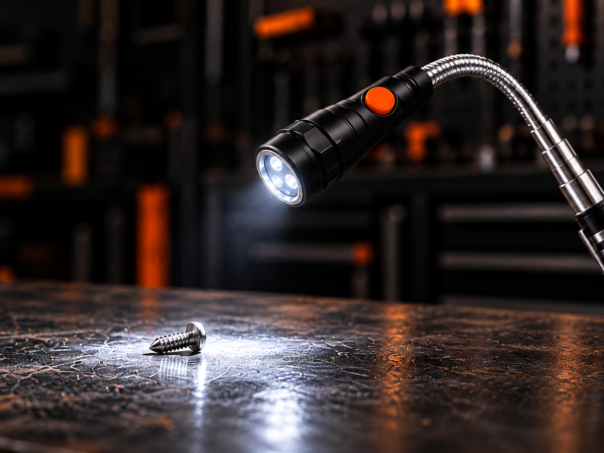Illustrative LED head and flexible neck lighting a small screw on a workshop bench.