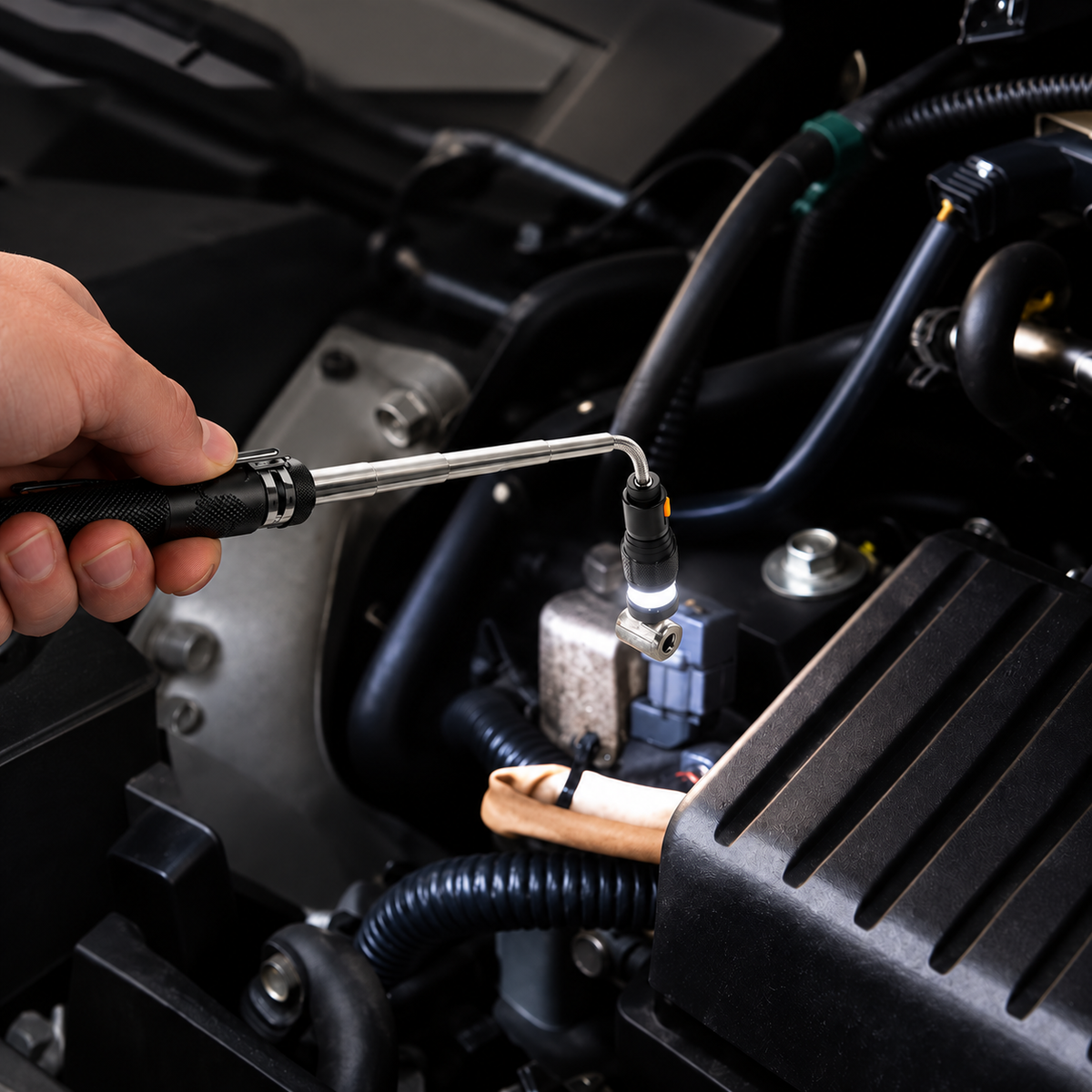 Illustrated magnetic pickup tip making direct contact with a small metal part in a stationary engine bay.