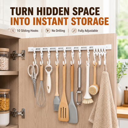 🔥Healrize®No-Drill Sliding Rail Hook Organizer – 10 Adjustable Cabinet Hooks