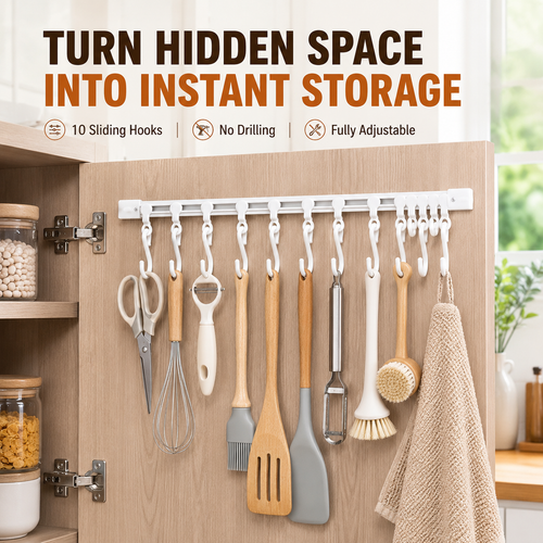🔥Healrize®No-Drill Sliding Rail Hook Organizer – 10 Adjustable Cabinet Hooks