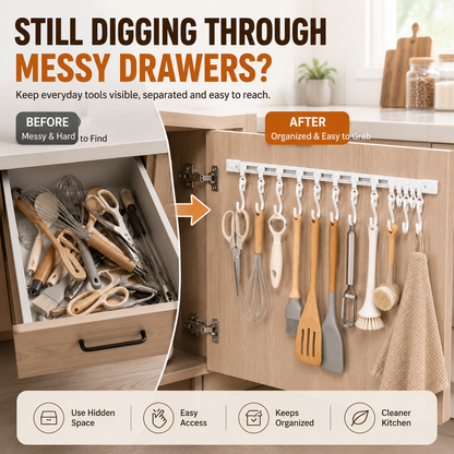🔥Healrize®No-Drill Sliding Rail Hook Organizer – 10 Adjustable Cabinet Hooks