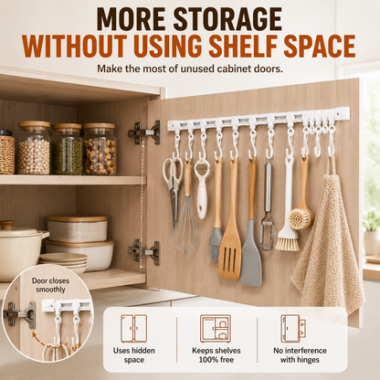 🔥Healrize®No-Drill Sliding Rail Hook Organizer – 10 Adjustable Cabinet Hooks