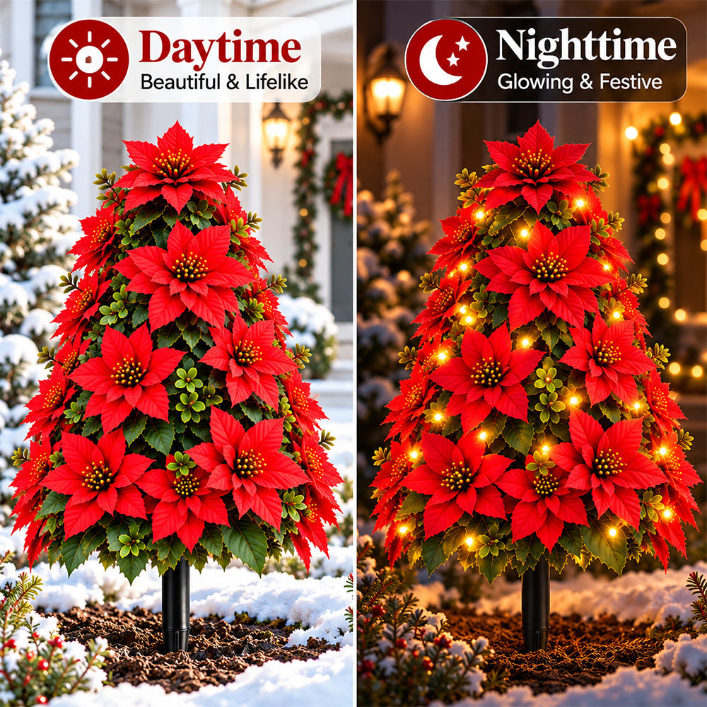Poinsettia tree arrangement shown during daytime and at night