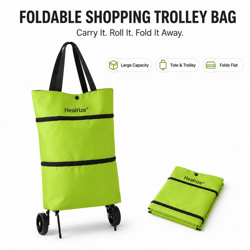 Healrize® Foldable Rolling Shopping Trolley | Lightweight Collapsible Grocery Cart with Smooth-Rolling Wheels, Spacious Removable Bag & Compact Storage