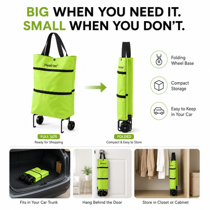 Healrize® Foldable Rolling Shopping Trolley | Lightweight Collapsible Grocery Cart with Smooth-Rolling Wheels, Spacious Removable Bag & Compact Storage