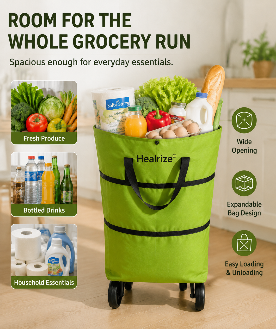 Healrize® Foldable Rolling Shopping Trolley | Lightweight Collapsible Grocery Cart with Smooth-Rolling Wheels, Spacious Removable Bag & Compact Storage