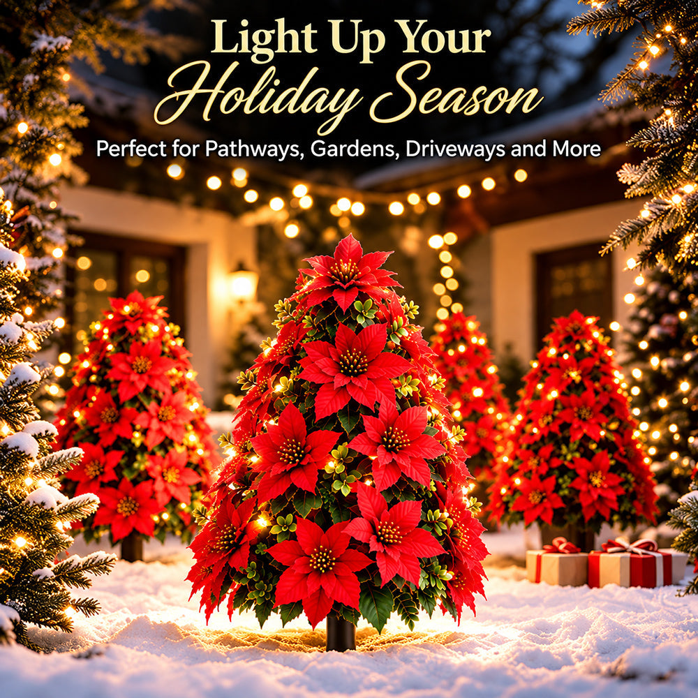 Group of illuminated poinsettia tree stakes in a holiday garden