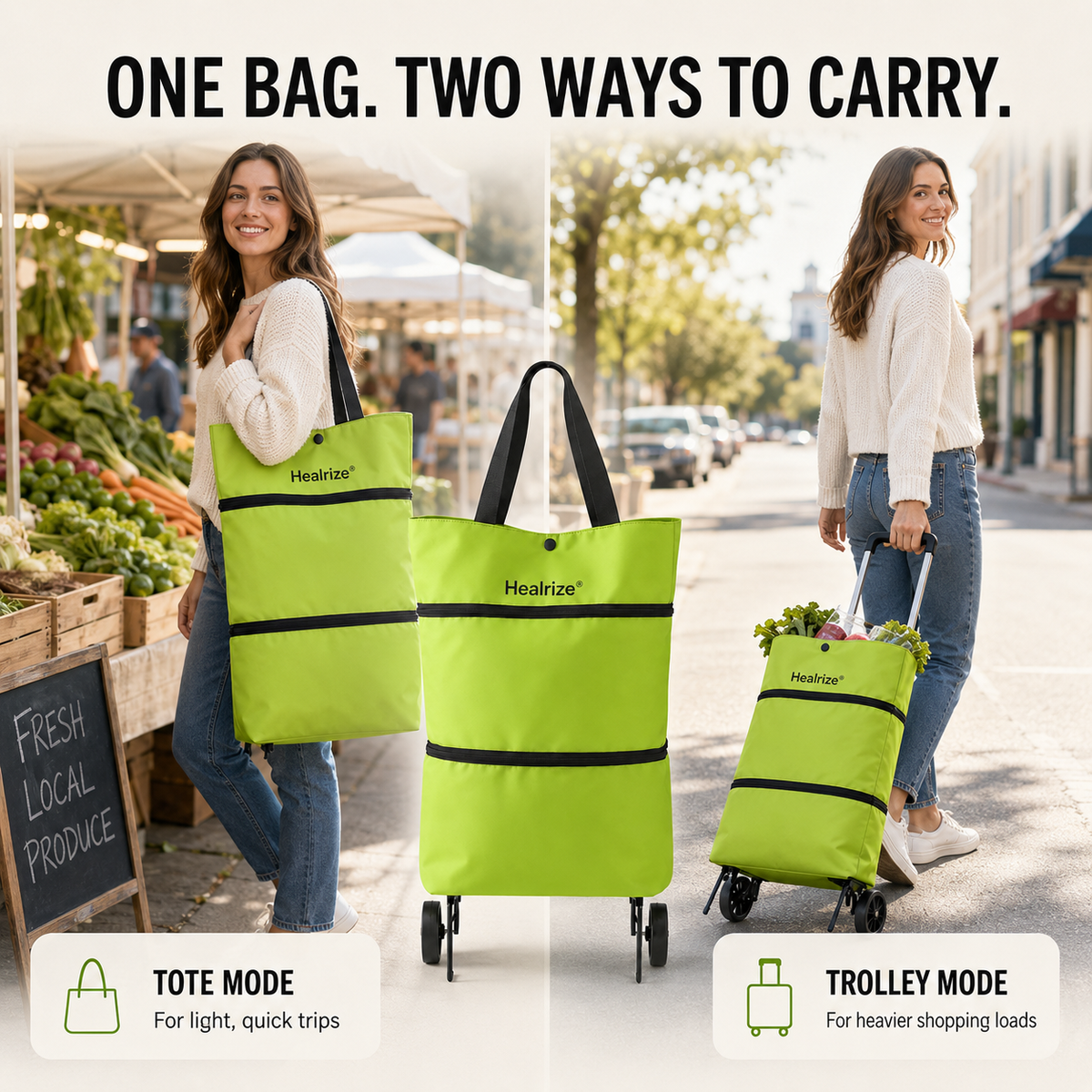 Healrize® Foldable Rolling Shopping Trolley | Lightweight Collapsible Grocery Cart with Smooth-Rolling Wheels, Spacious Removable Bag & Compact Storage