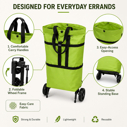 Healrize® Foldable Rolling Shopping Trolley | Lightweight Collapsible Grocery Cart with Smooth-Rolling Wheels, Spacious Removable Bag & Compact Storage
