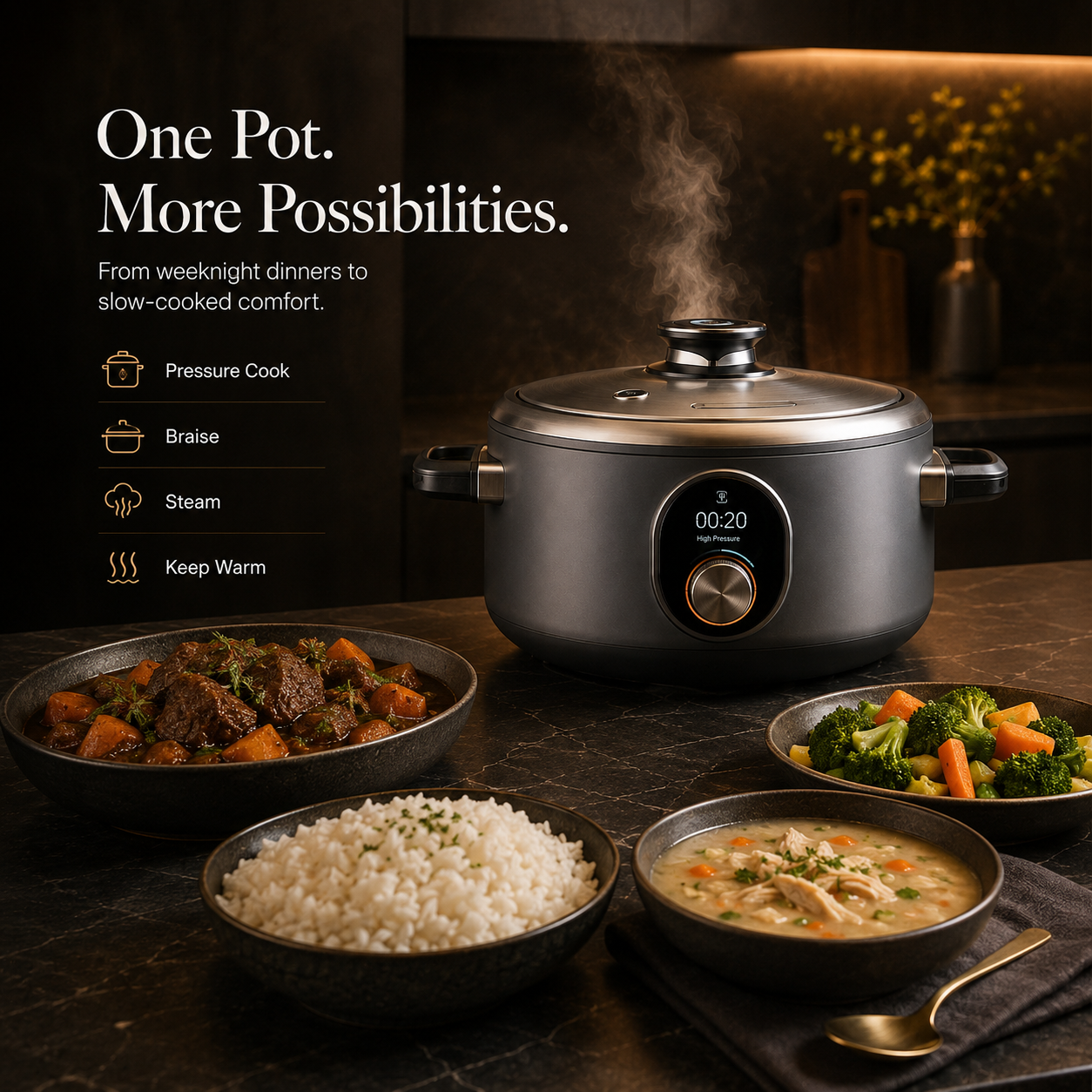 Chef’s Exclusive Diamond-Infused Non-Stick Pressure Cooker – 6QT Ultra-Durable Aluminum Alloy with Smart Touch Control, One-Click Release & Energy-Saving Design, Perfect for Fast, Healthy Home Cooking.🌹