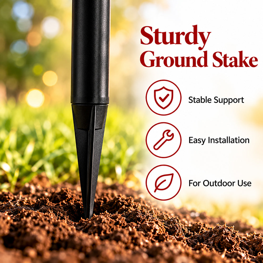 Black pointed ground stake shown inserted in soil