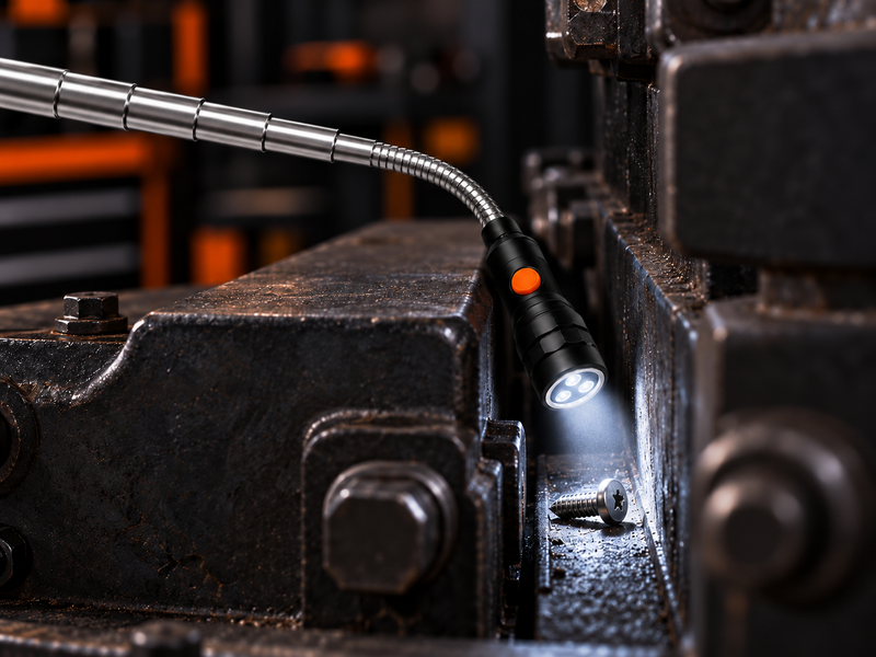 Illustrative workshop scene: reach with the flexible LED magnetic pickup tool.