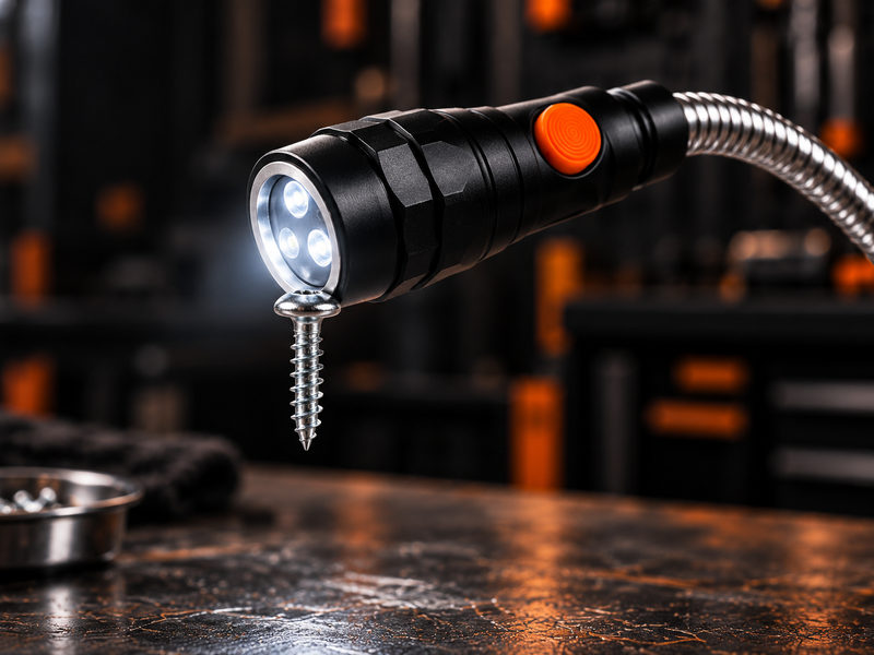 Illustrative workshop scene: retrieve with the flexible LED magnetic pickup tool.