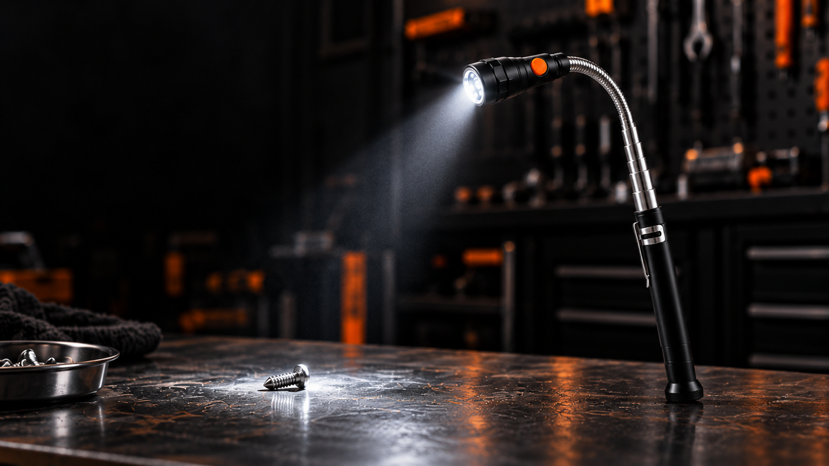 Illustrative workshop scene with the black and orange LED magnetic pickup tool